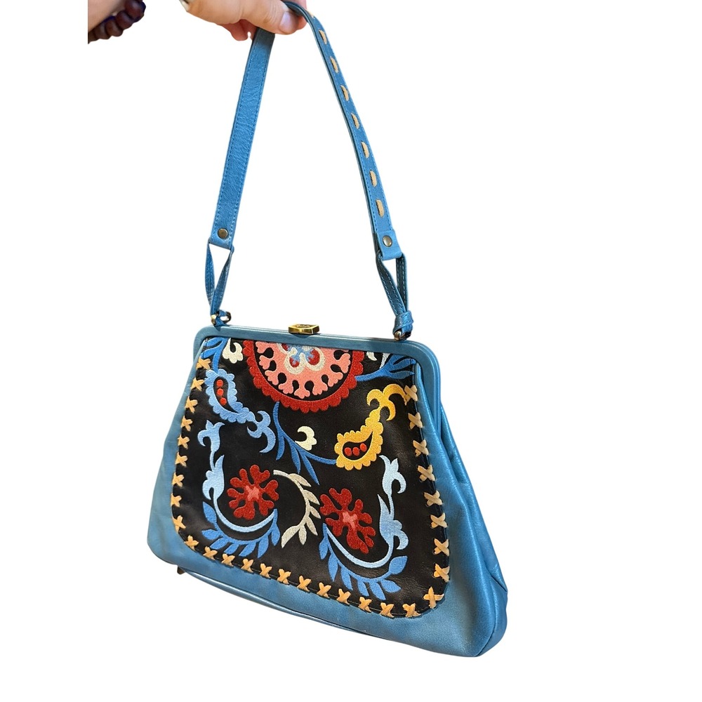 Isabella Fiore Rare Satchel Bag Vintage Boho Women Blue Stitched Embroidered
